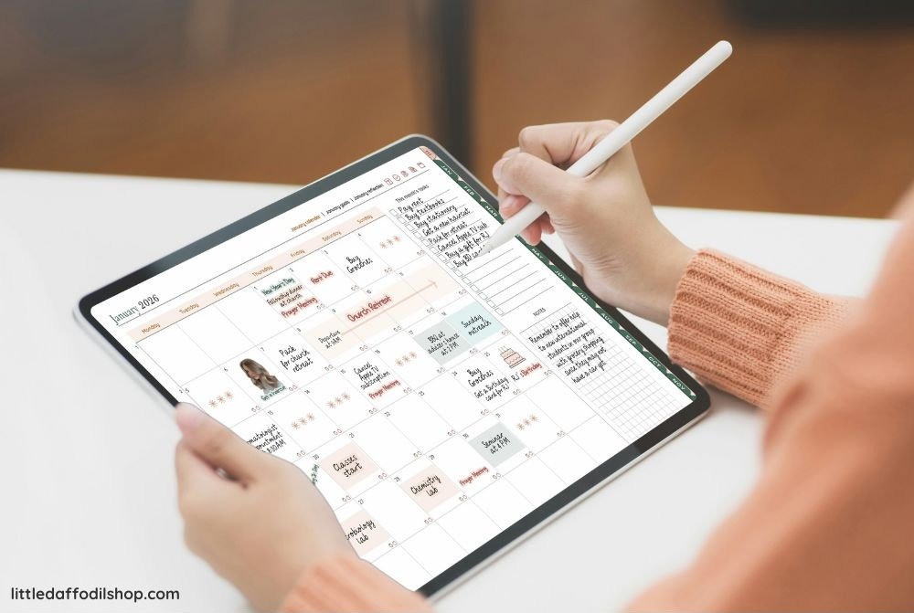 woman using a Christian digital planner by Little daffodil shop